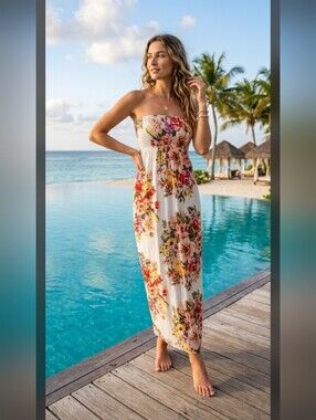 Chesley Bandeau Tube Top Maxi Dress M Floral Resort Boho drs5.7